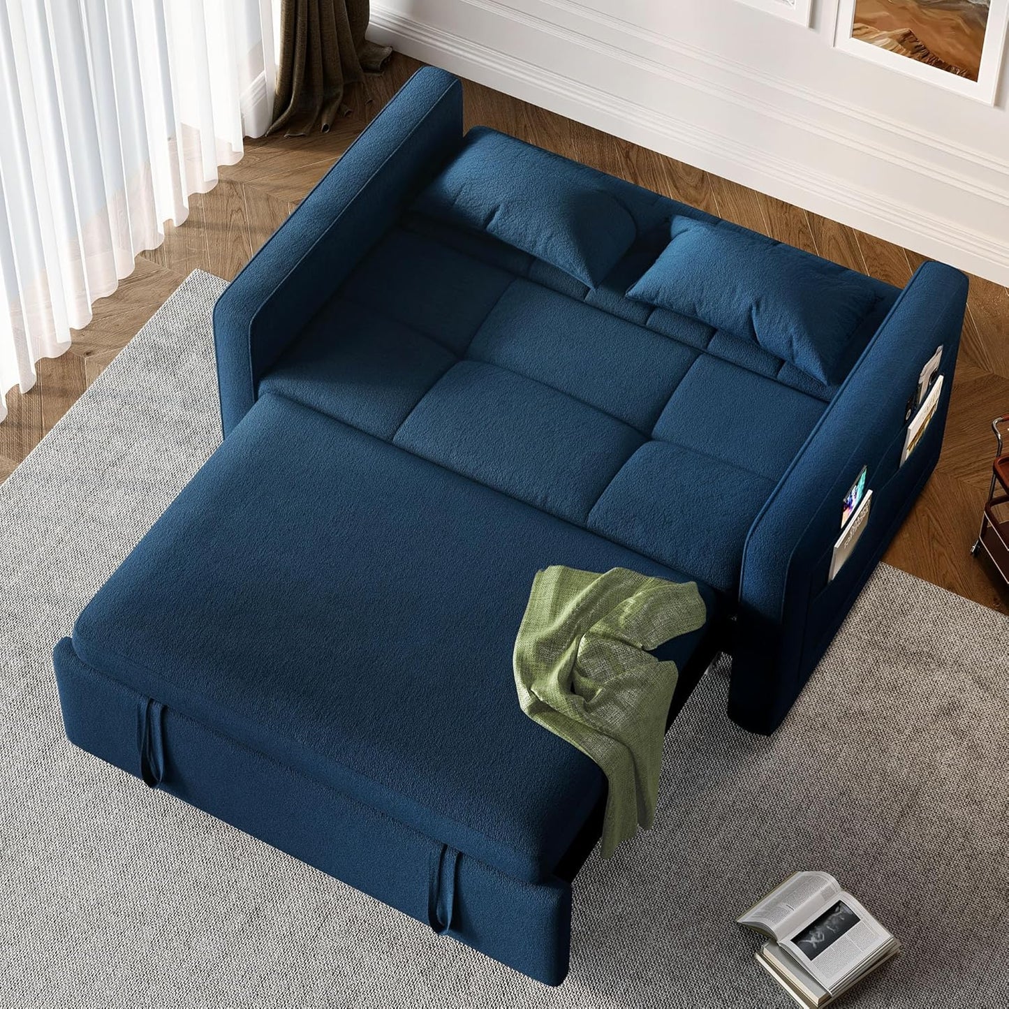 3-in-1 Convertible Sofa Bed, 55" Sleeper Sofa with Pull-Out Bed, Cat-Scratch-Proof Fabric Futon Couch with Adjustable Backrest and Side Pocket, Loveseat for Living Room Apartment, Grey