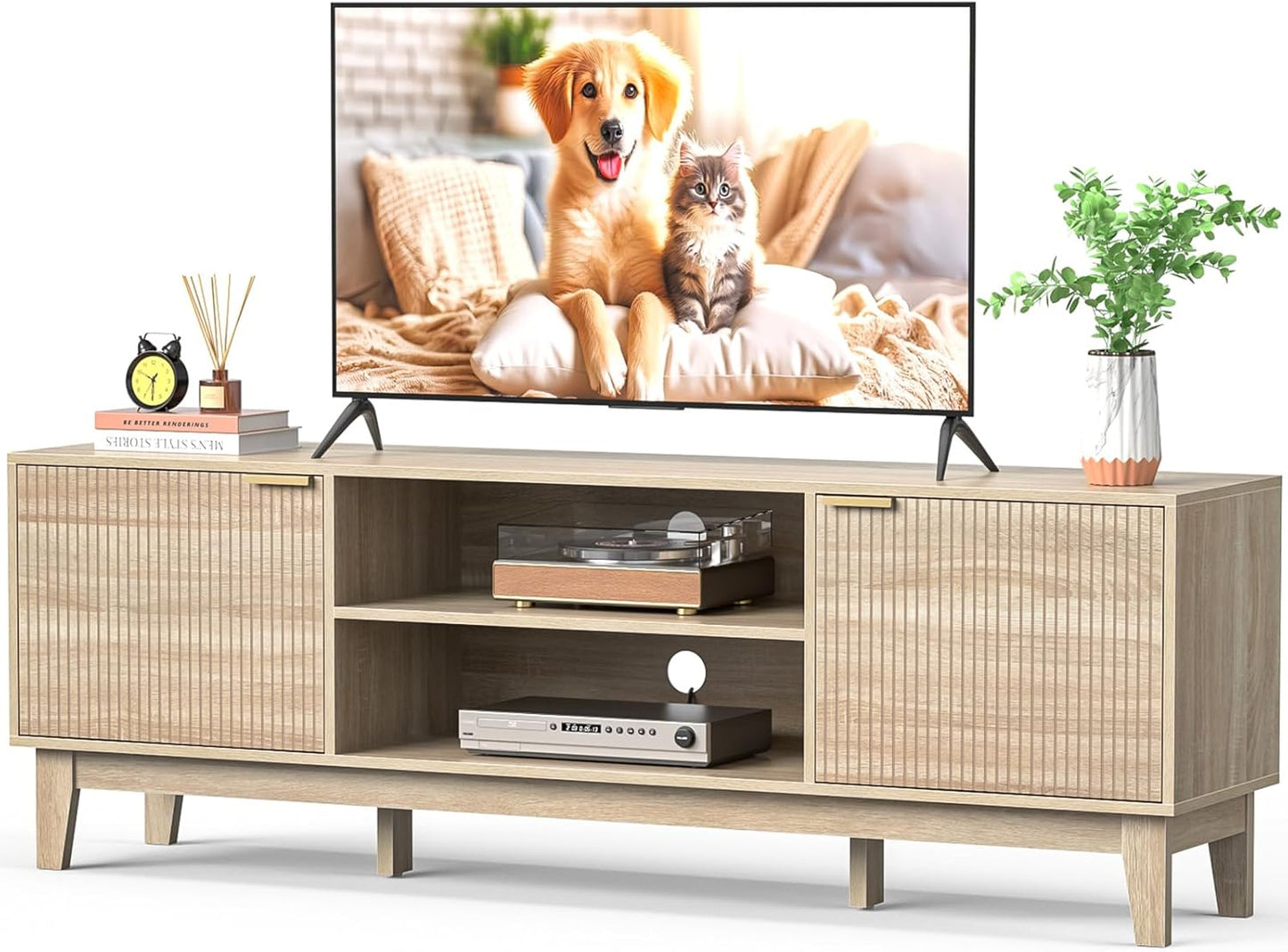 70" TV Stand for Living Room, Fluted Mid-Century Modern TV Console for TVs up to 80 inch, Farmhouse Entertainment Center with 2 Storage, Media Console Table for Living Room, Oak