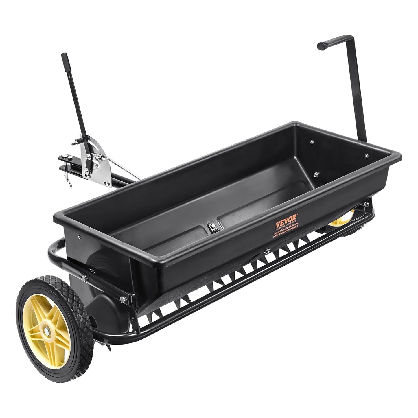 Broadcast seeder, 100-pound tractor-mounted rear polyethylene seeder with 10-inch wheels, equipped with a steel spike weeder, fertilizer spreader, garden seeder and salt spreader, suitable for residences, farms, rough terrain, and black pavement.
