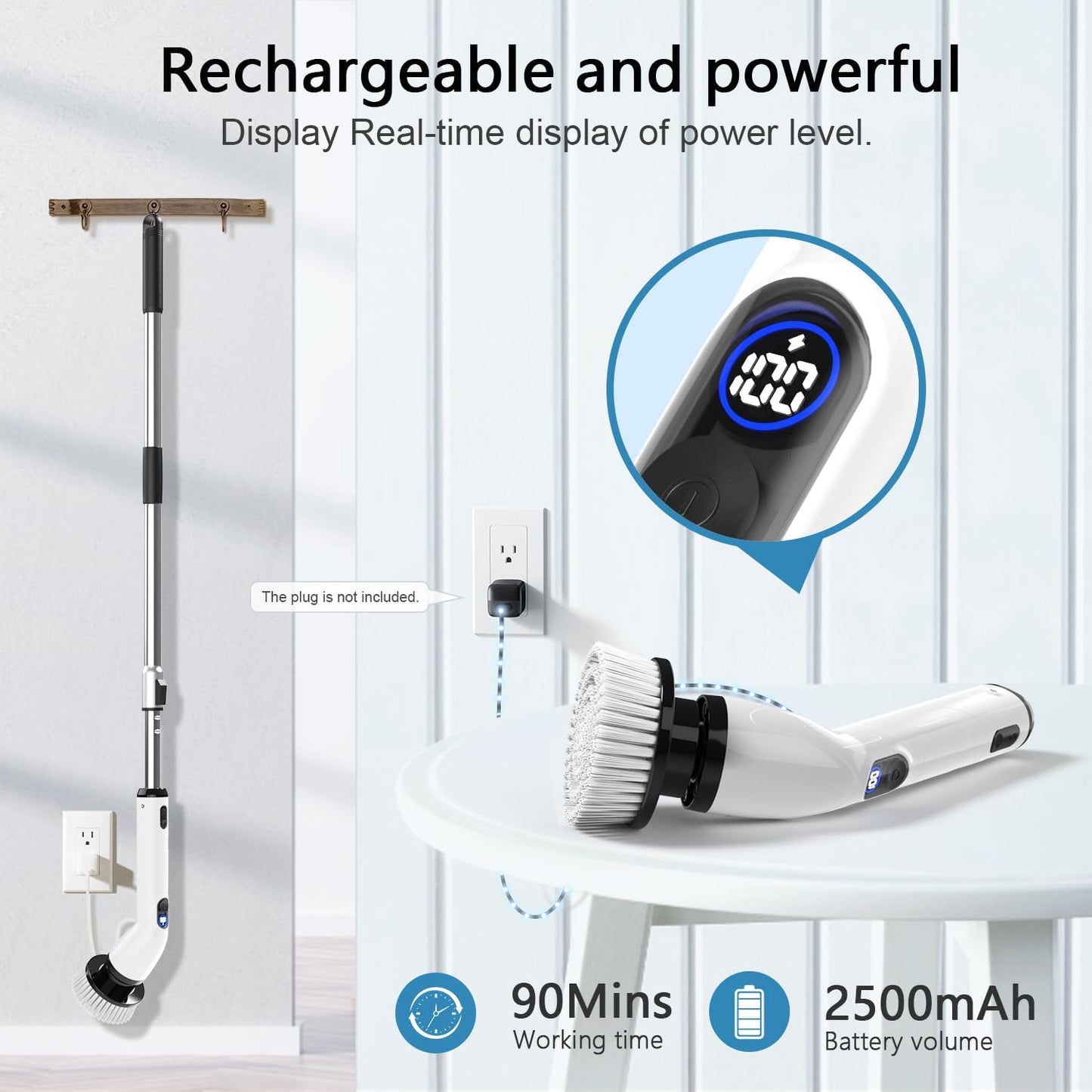 Electric Spin Scrubber, Full-Body IPX7 Waterproof Bathroom Scrubber with Power LCD Display, Adjustable Extension Handle, Cordless Shower Cleaner Brush for Bathtub Kitchen Wall Cleaning