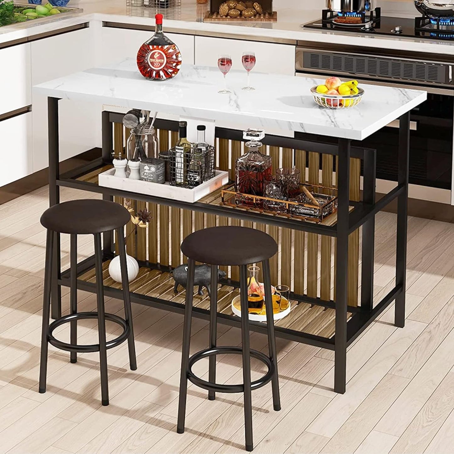 Kitchen Island with Seating & Storage Shelf, Faux Marble Island Table for Kitchen, Modern Bar Table and Chairs Set for 2,Dining Table Set for Small Space,White