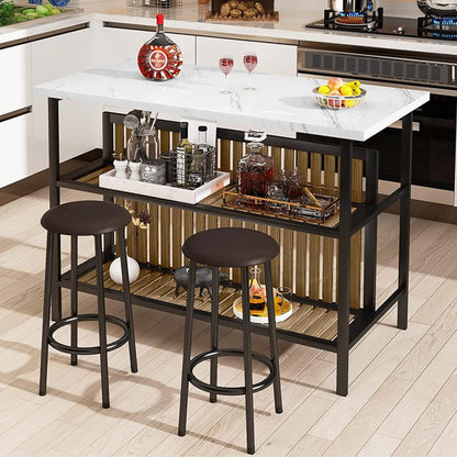 Kitchen Island with Seating & Storage Shelf, Faux Marble Island Table for Kitchen, Modern Bar Table and Chairs Set for 2,Dining Table Set for Small Space,White