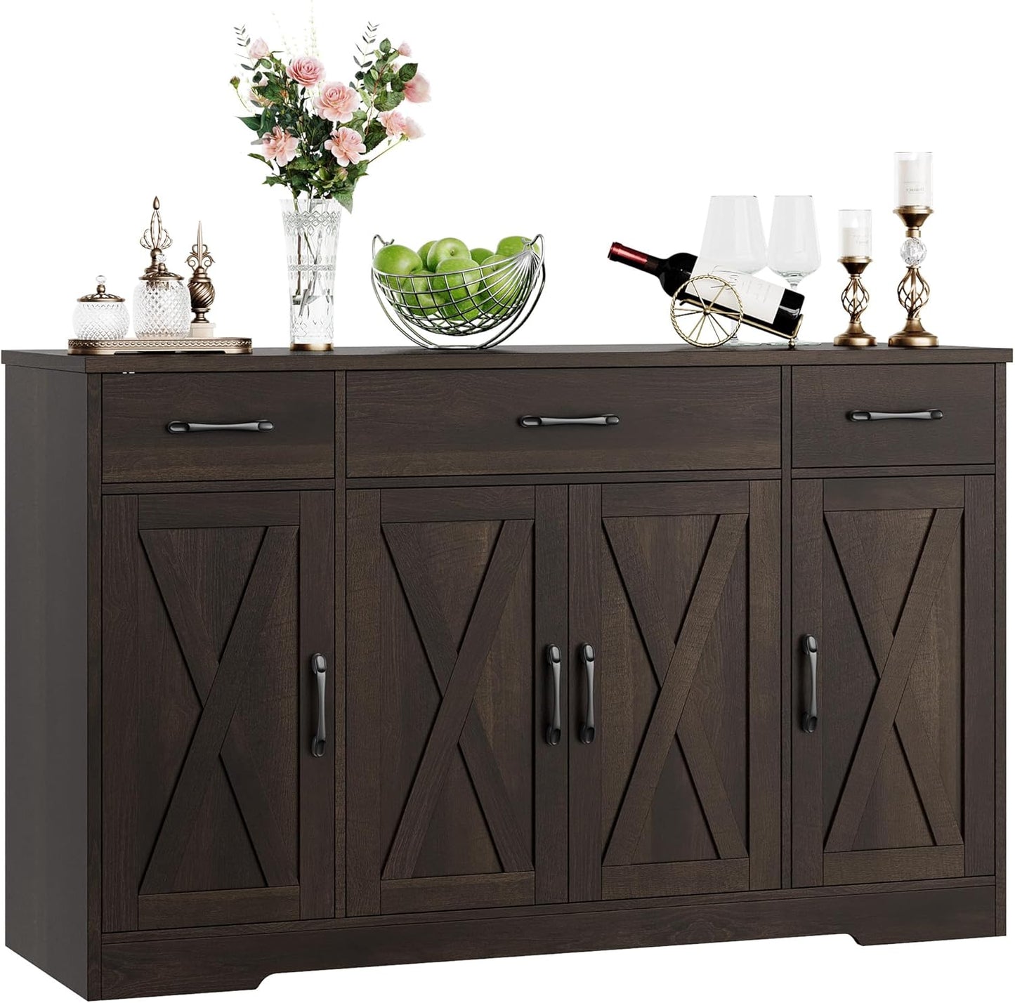 Drawer-equipped buffet-style cabinet, 55-inch large side cabinet-style storage unit with shelves and 4 doors, modern country-style coffee bar-style cabinet, wooden kitchen and dining room storage unit, white/rustic style