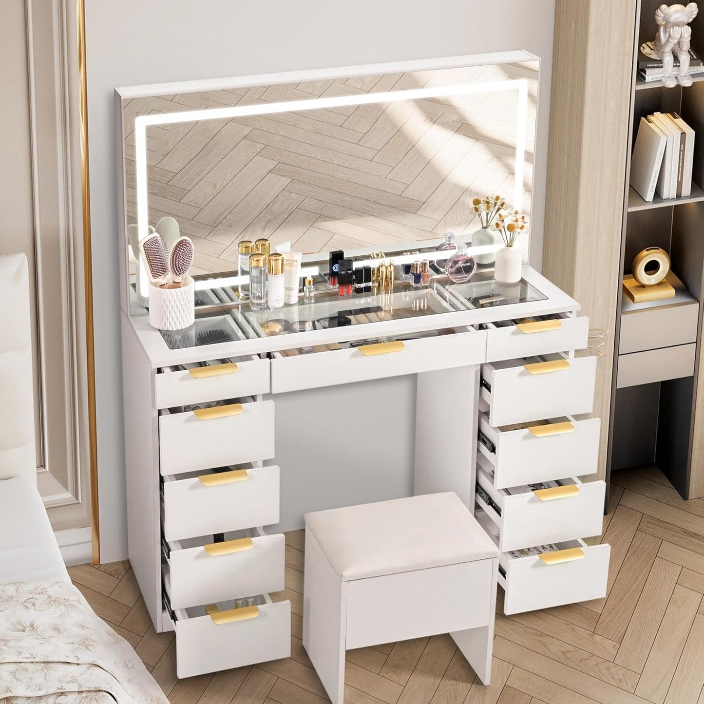 Glass Top Vanity Desk with Mirror and Lights, 11 Drawers Makeup Vanity with Golden Handles, 3 Lighting Modes Upgraded Silent Slides Vanity Desk with Bench, Portable Mirror and Power Putlet