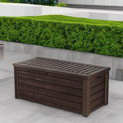 570-liter storage box, all-weather resin boat-shaped storage box, and stylish outdoor bench with piston-assisted lockable lid and side handles, dark coffee color version