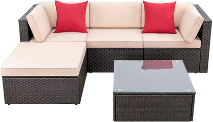 5 Pieces Patio Furniture Sets All Weather Outdoor Sectional Patio Sofa Manual Weaving Wicker Rattan Patio Seating Sofas with Cushion and Glass Table(Beige)