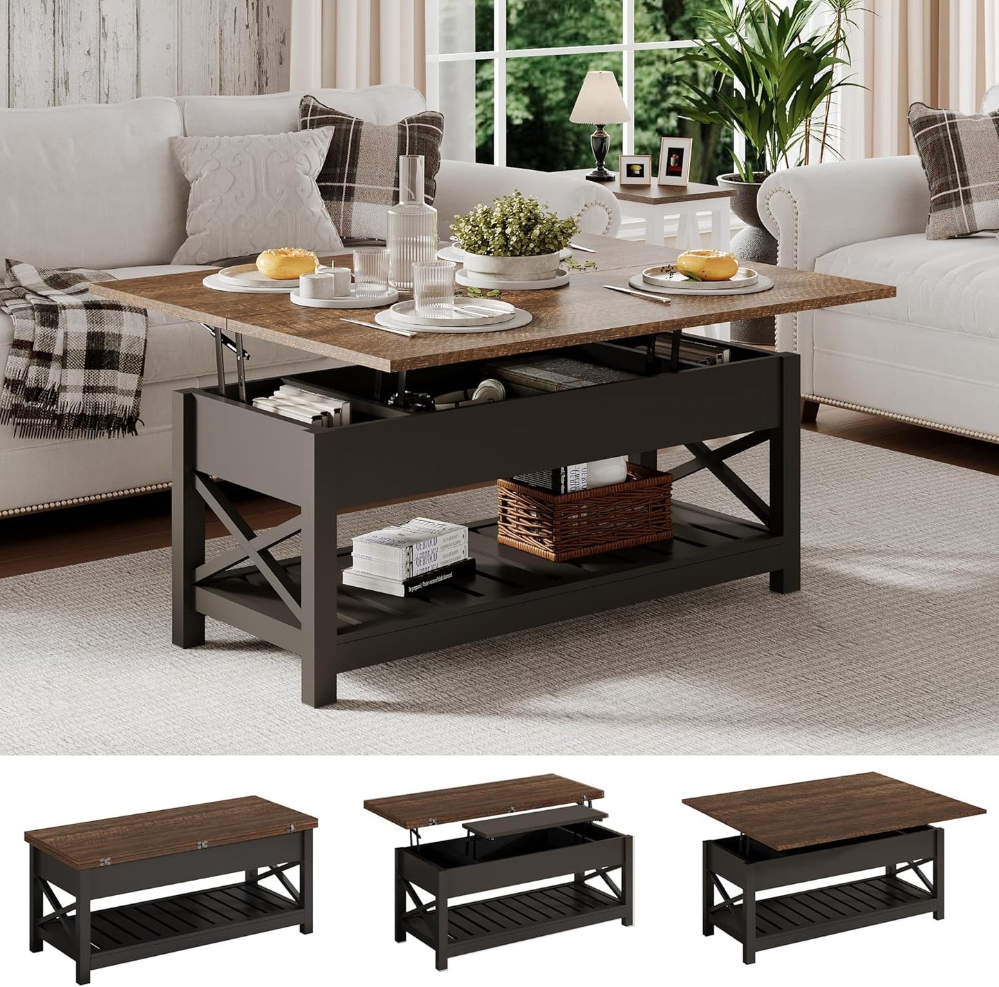 Multi-Function Convertible Coffee Table with Storage and Hidden Compartment, Converts to Dining Table, 40 White & Brown