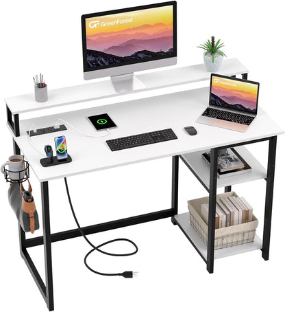 47 inch Computer Desk with Power Outlets, Small Home Office Desk with Ergonomic Monitor Stand, Reversible Gaming Desk, Modern Study Desk, Laptop Desk, White