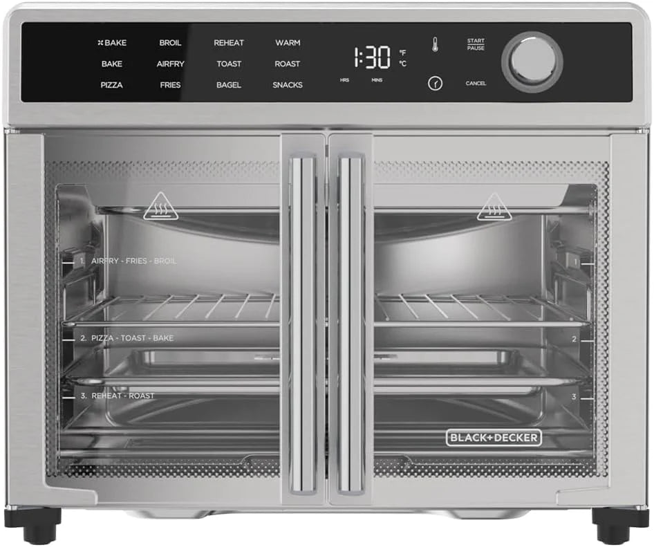 Fryer Toaster Oven Combo, 12 in 1 Countertop Convection Oven Cooks Food Fast, Fits a Whole Pizza or 6 Toast Slices, French Doors with Stainless Steel Finish