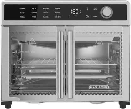 Fryer Toaster Oven Combo, 12 in 1 Countertop Convection Oven Cooks Food Fast, Fits a Whole Pizza or 6 Toast Slices, French Doors with Stainless Steel Finish