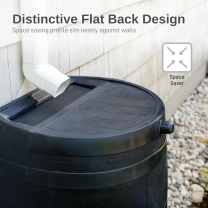 RTS Home Accents 50-Gallon ECO Rain Barrel Made with 100% Recycled Plastic, Flat Back Rain Water Collection Barrel, Black