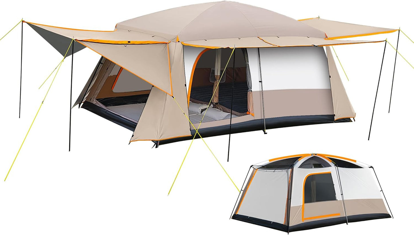 Camping Tent, 4-6 Person Family Cabin Tents, Large Waterpoof Tents for Camping Outdoor, 210D Oxford Fabric Blackout Foldable Sunburn Prevention Tent with 2 Rooms, 3 Foyers for Picnic Khaki
