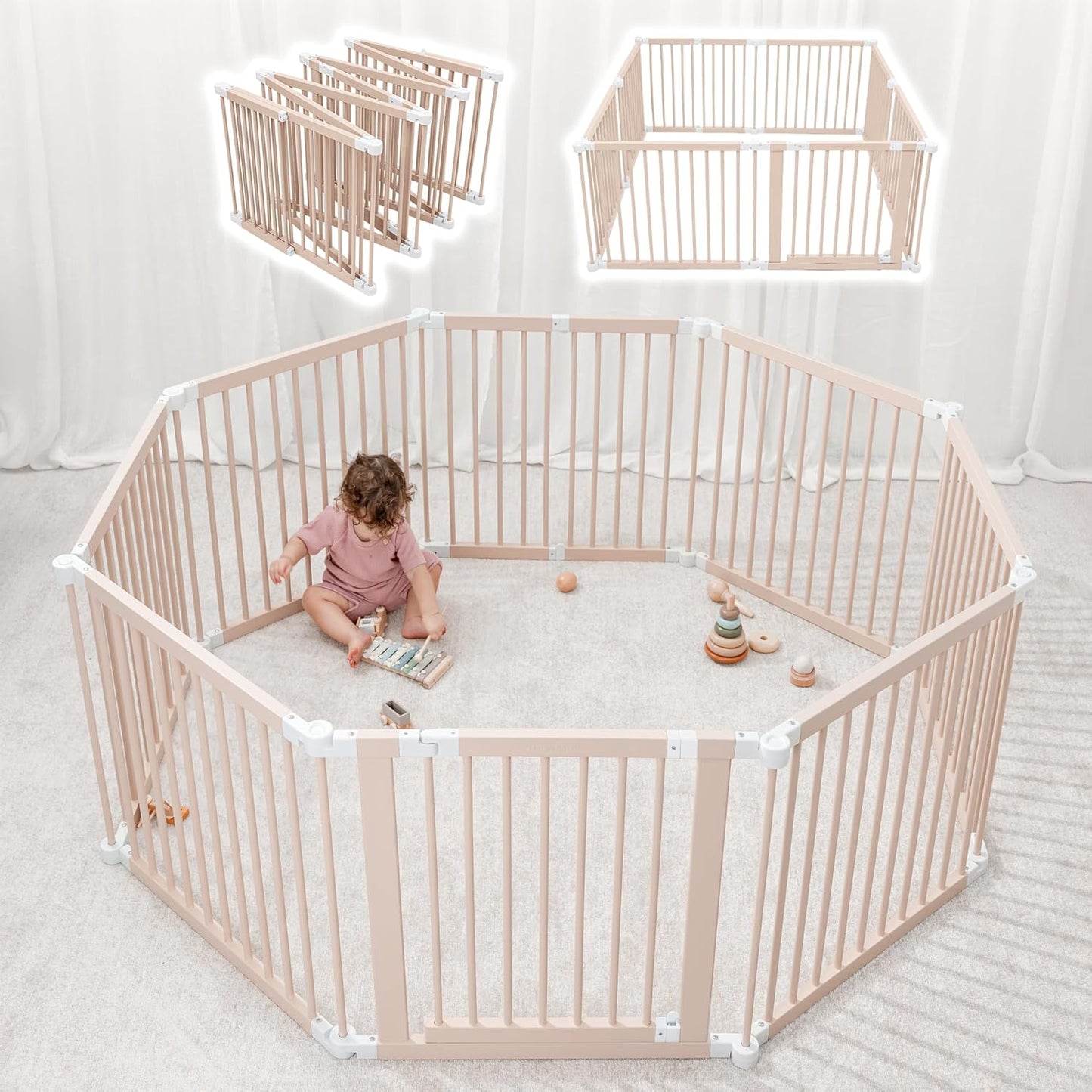 Baby Playpen & Gate - 144 x 144 x 63 cm, Extends Up to 579 cm - Pine Wood Foldable Playpen with Child-Proof Lock - Safe Play Fence Easy Assembly Baby Play Yard - Light Wood White