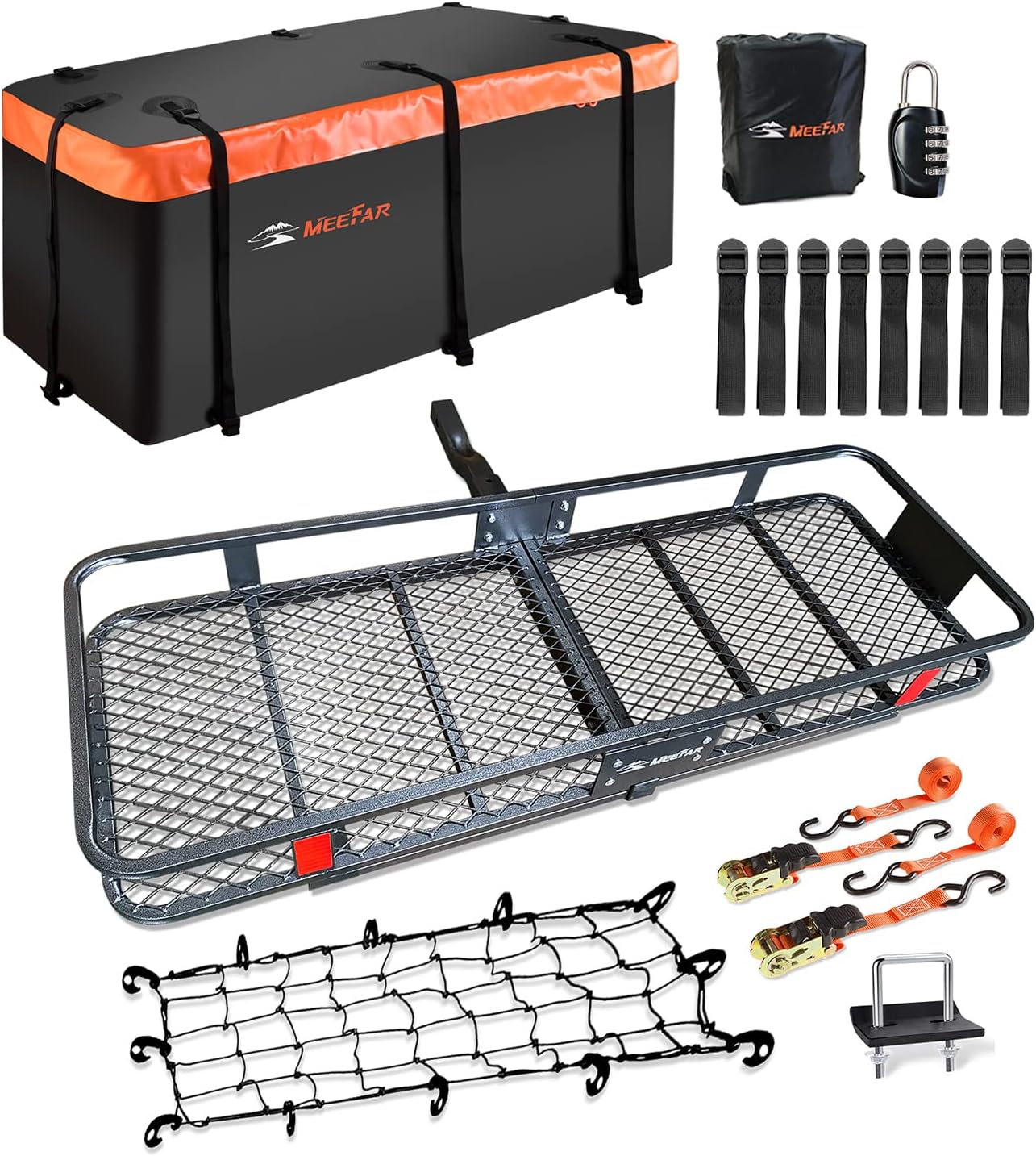 Roof Rack Carrier Basket Universal Rooftop 51" X 36" X 5" + Waterproof Bag 15 Cubic Feet (44" 34" 17"), and Cargo Net with Attachment Hooks, Ratchet Straps
