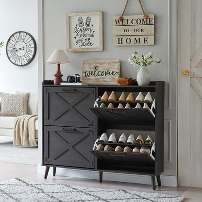 Shoe Storage Cabinet,Farmhouse Shoe Organizer with 4 Flip Drawers & Barn Door Design,Freestanding Hidden Slim Narrow Shoe Rack Cabinet for Entryway,Foyer,Hallway,Walnut