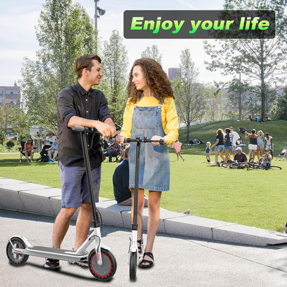 Electric Scooter - 8.5" Solid Tires, 350W Motor, Up to 19 MPH and 21-23 Miles Long-Range Portable Foldable Commuting Scooter for Adults with Double Braking System and App