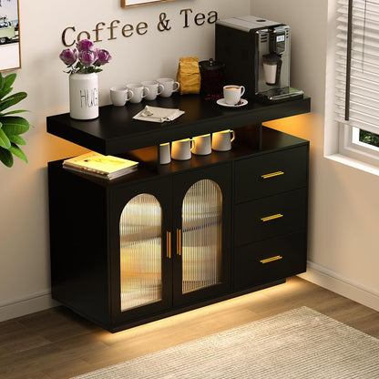 Bar Cabinet Kitchen Storage Cabinet with RGB Light, Human Sensor Design Sideboard Buffet Cabinets, Wood Coffee Bar Table with Shelf Capacity (Black)