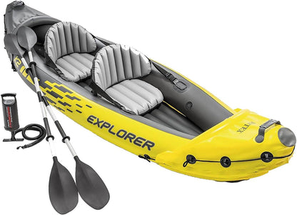 Explorer K2 Inflatable Kayak Set: Includes luxurious 86-inch aluminum paddle and high-output pump - extremely durable PVC material - adjustable seat with backrest - suitable for two people - maximum weight capacity 400 pounds