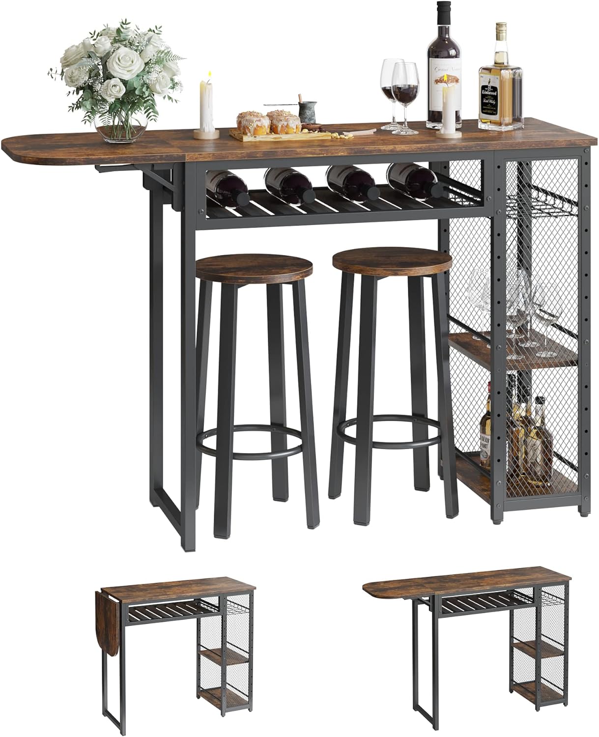 Bar Table and Chair Set, Industrial Expandable Dining Table with 2 Bar Stools, Kitchen Counter with Wine Rack & 3 Tier Adjustable Storage Shelves Rustic Brown