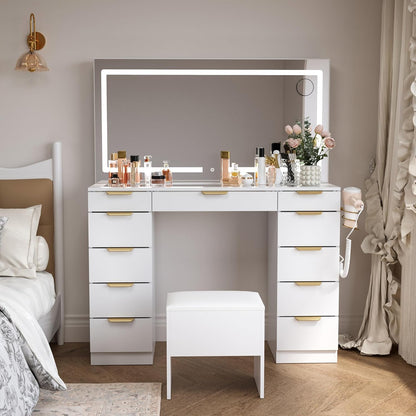 Glass Top Vanity Desk with Mirror and Lights, 11 Drawers Makeup Vanity with Golden Handles, 3 Lighting Modes Upgraded Silent Slides Vanity Desk with Bench, Portable Mirror and Power Putlet