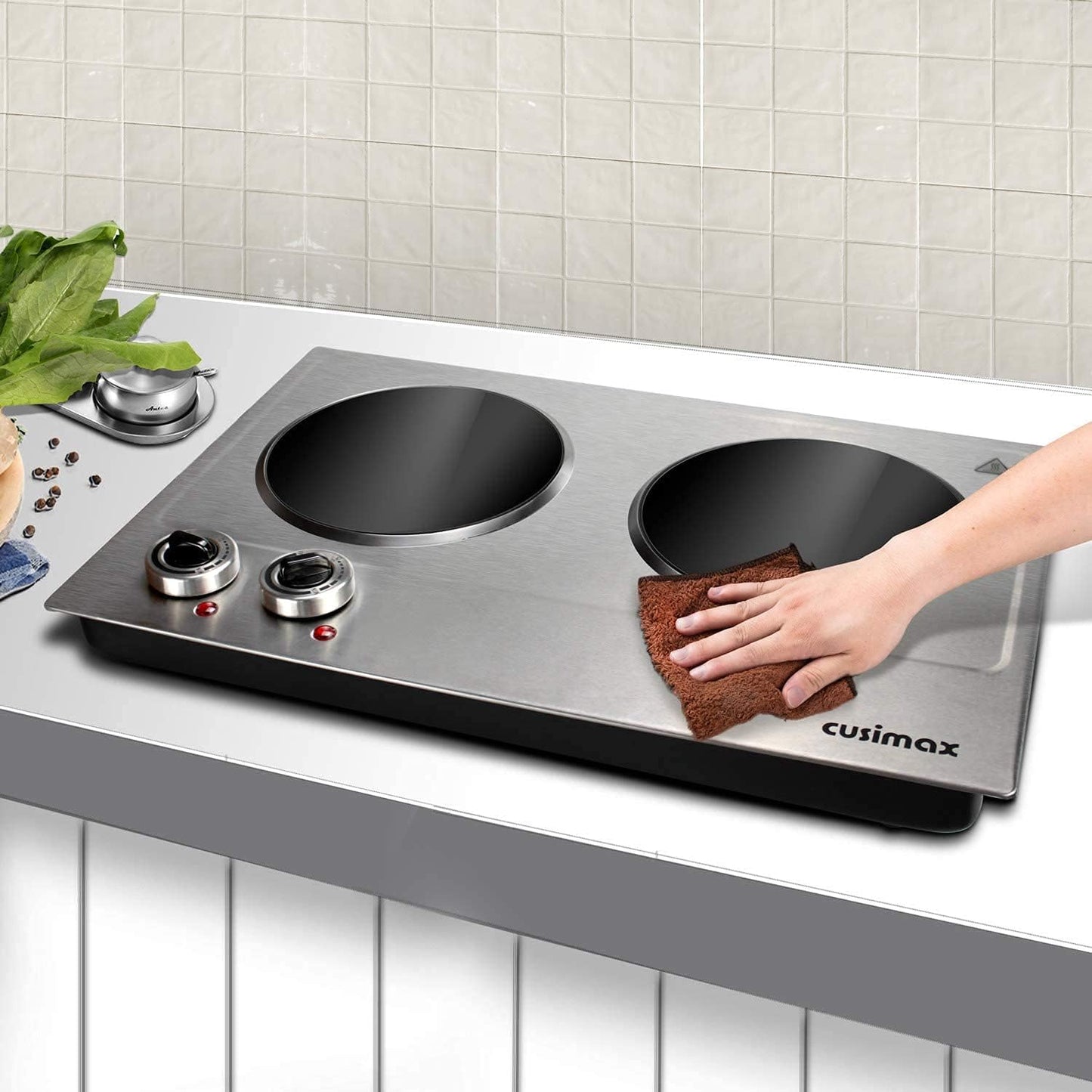 Hot Plate,1800W Ceramic Electric Hot Plate for Cooking, Dual Control Infrared Cooktop, Portable Countertop Burner, Glass Plate Electric Cooktop, Silver, Stainless Steel