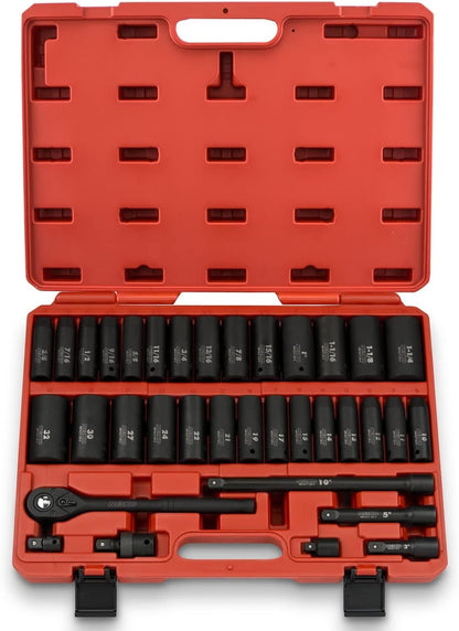 02448A 1/2" Drive Master Impact Socket Set, 65 Piece, Standard SAE (3/8"-1-1/4") & Metric (10-24 mm) Sizes, Deep & Shallow Kit, Includes Adapters & Ratchet Handle