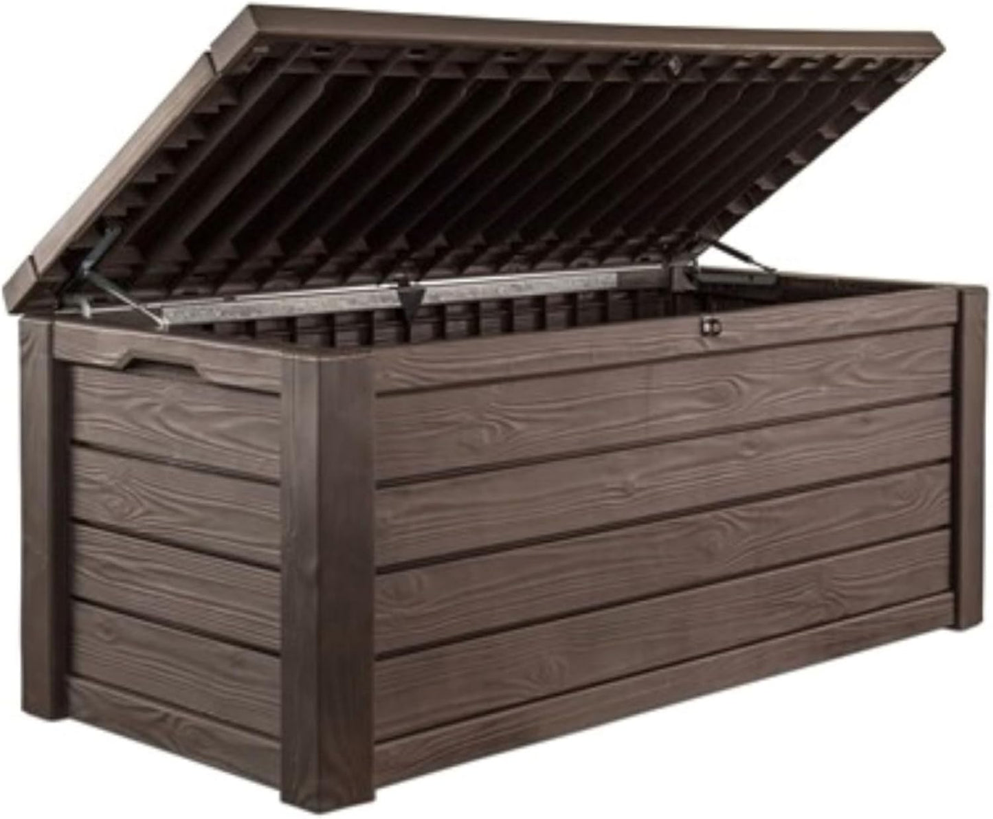 570-liter storage box, all-weather resin boat-shaped storage box, and stylish outdoor bench with piston-assisted lockable lid and side handles, dark coffee color version