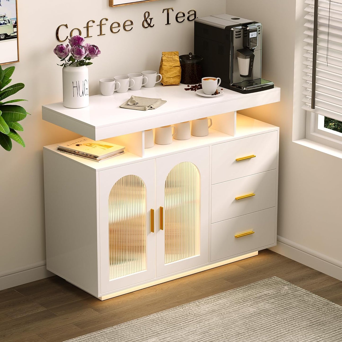 Bar Cabinet Kitchen Storage Cabinet with RGB Light, Human Sensor Design Sideboard Buffet Cabinets, Wood Coffee Bar Table with Shelf Capacity (Black)
