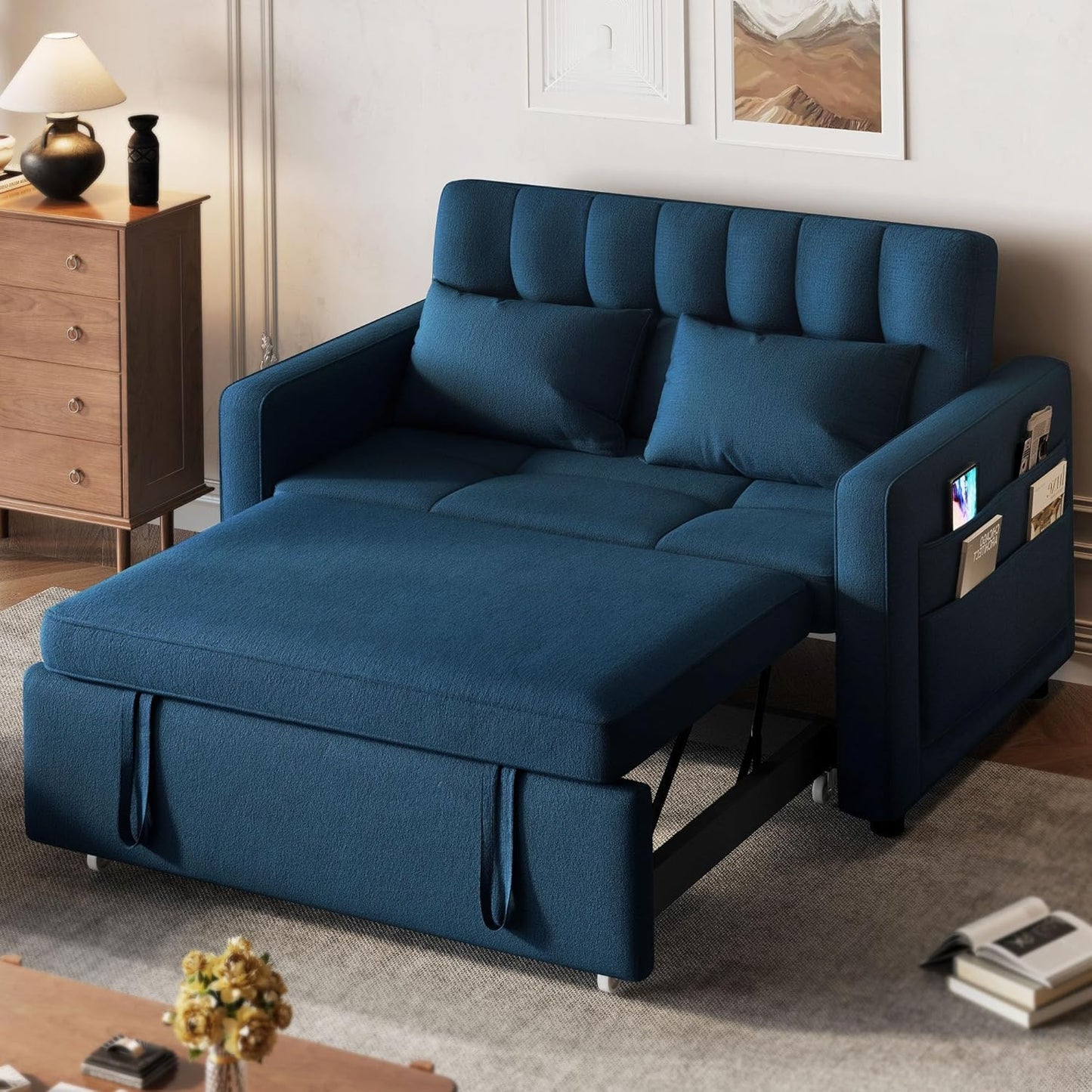 3-in-1 Convertible Sofa Bed, 55" Sleeper Sofa with Pull-Out Bed, Cat-Scratch-Proof Fabric Futon Couch with Adjustable Backrest and Side Pocket, Loveseat for Living Room Apartment, Grey