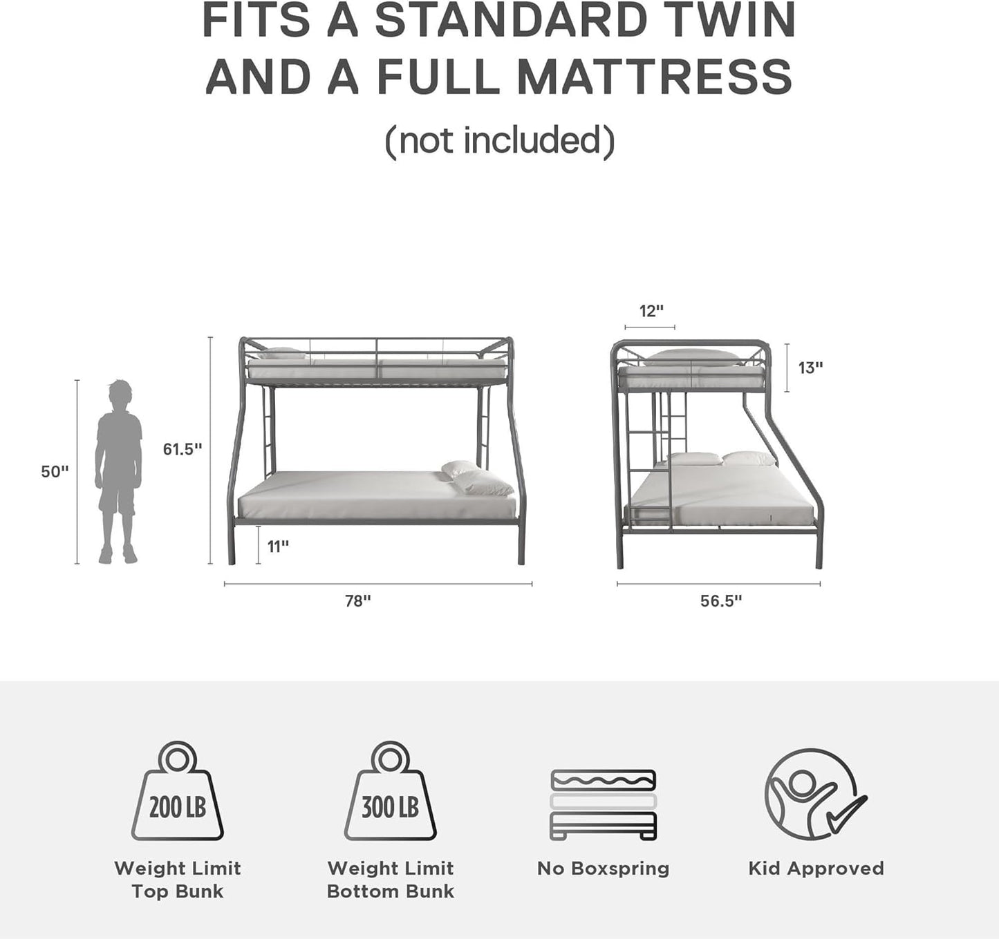 DHP Dusty Twin Over Full Metal Bunk Bed, Off White