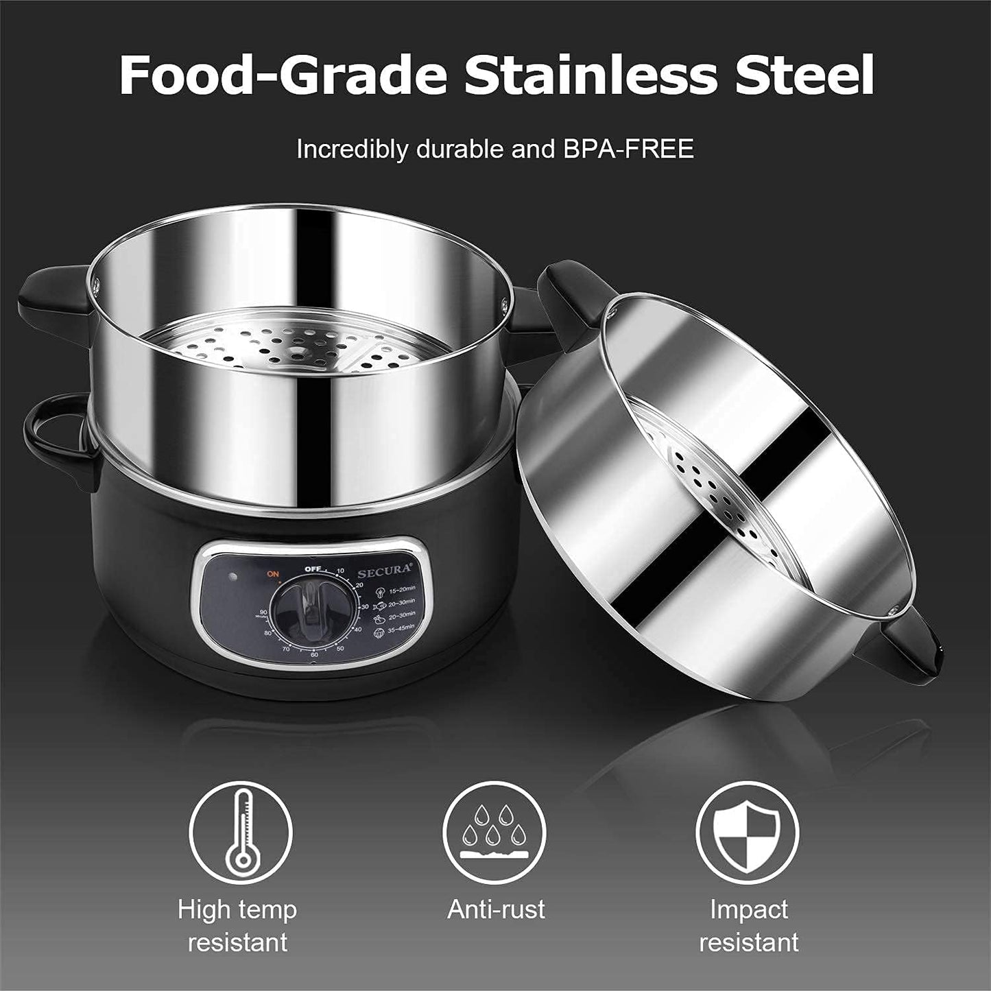 2 stainless steel food steamers, 8.5 liters capacity, electric glass-covered vegetable steamer, double-layer stackable steaming basket, with timer included