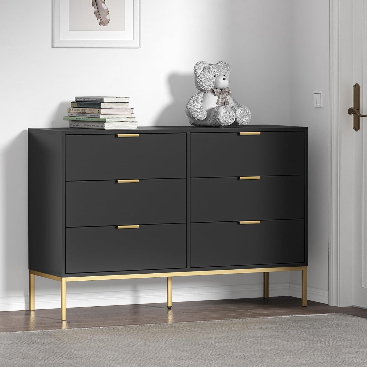 Black Dresser for Bedroom, Modern 6 Drawer Dresser, Chest of Drawers Closet Organizers and Wood Storage Clothes, White Dresser with Golden Handles for Living Room, Hallway
