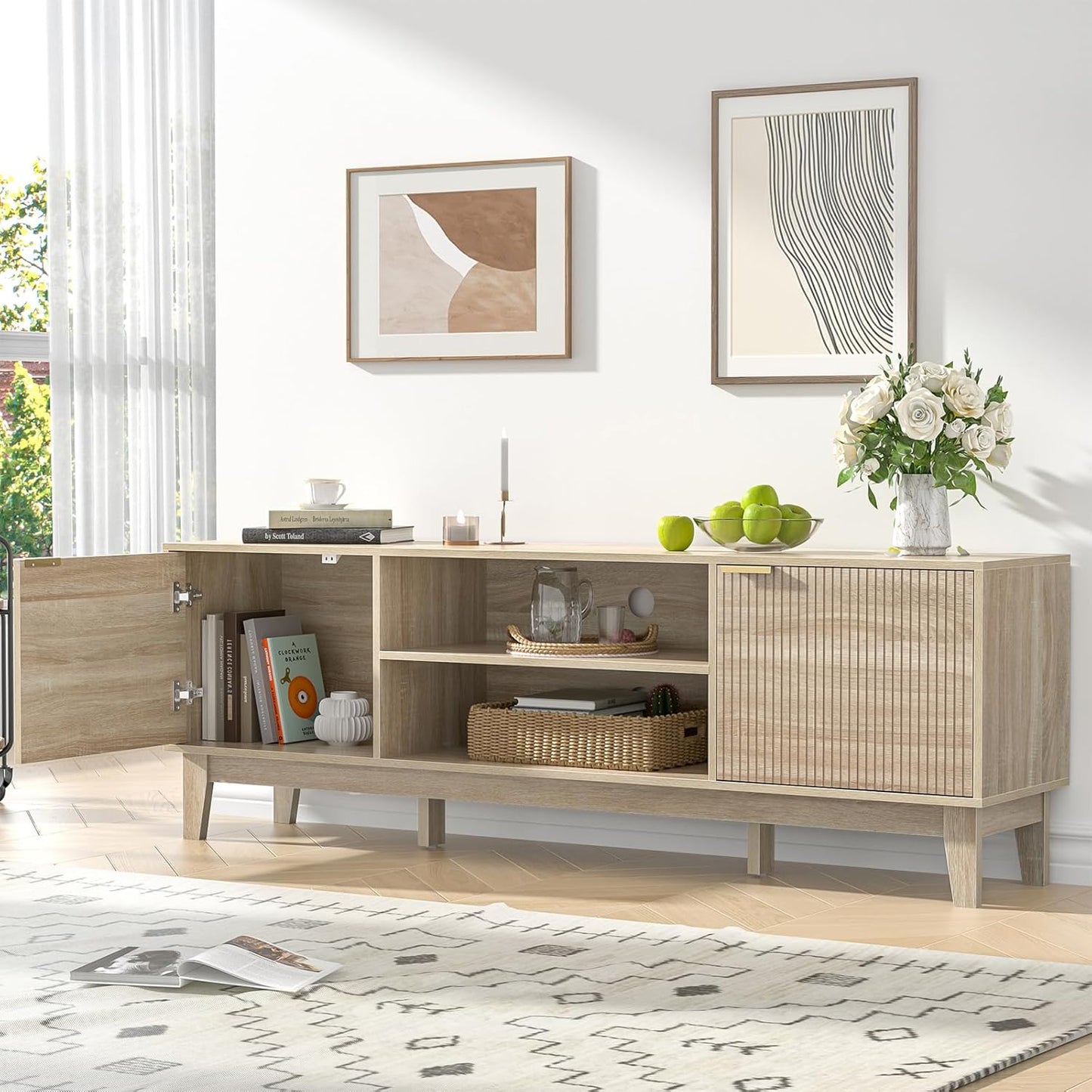 70" TV Stand for Living Room, Fluted Mid-Century Modern TV Console for TVs up to 80 inch, Farmhouse Entertainment Center with 2 Storage, Media Console Table for Living Room, Oak