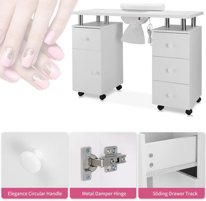 Manicure Table Nail Desk for Nail Tech w/Electric Dust Collector & Wrist Rest, Acetone Resistant Top Beauty Salon Nail Supplies Decor Station w/Lockable Wheels, Cabinet, Drawer (White)
