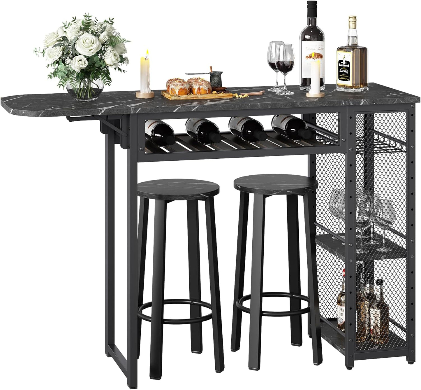 Bar Table and Chair Set, Industrial Expandable Dining Table with 2 Bar Stools, Kitchen Counter with Wine Rack & 3 Tier Adjustable Storage Shelves Rustic Brown
