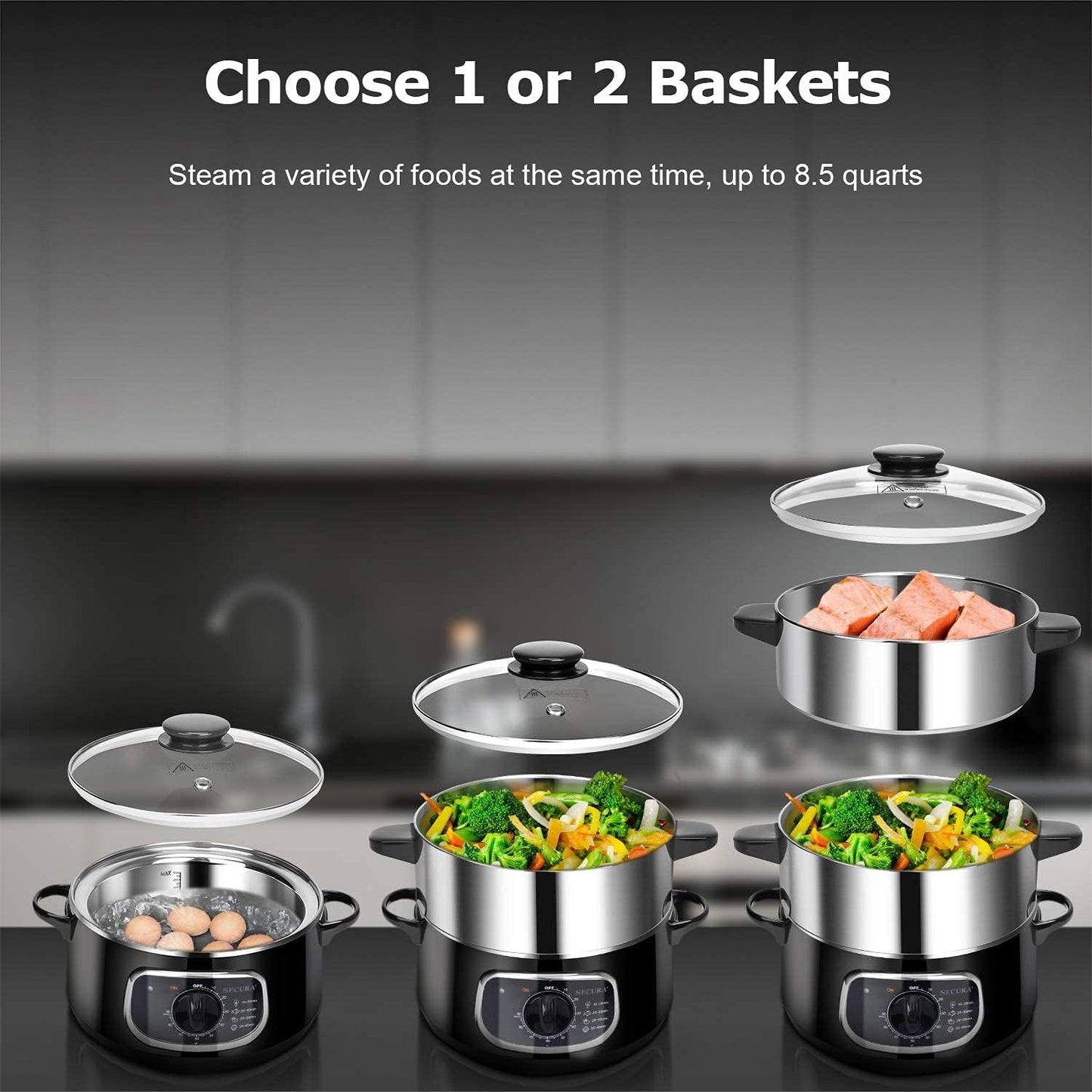 2 stainless steel food steamers, 8.5 liters capacity, electric glass-covered vegetable steamer, double-layer stackable steaming basket, with timer included