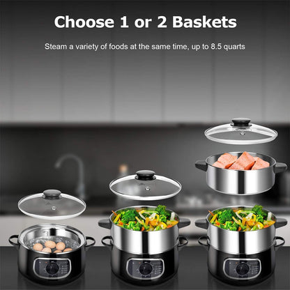 2 stainless steel food steamers, 8.5 liters capacity, electric glass-covered vegetable steamer, double-layer stackable steaming basket, with timer included