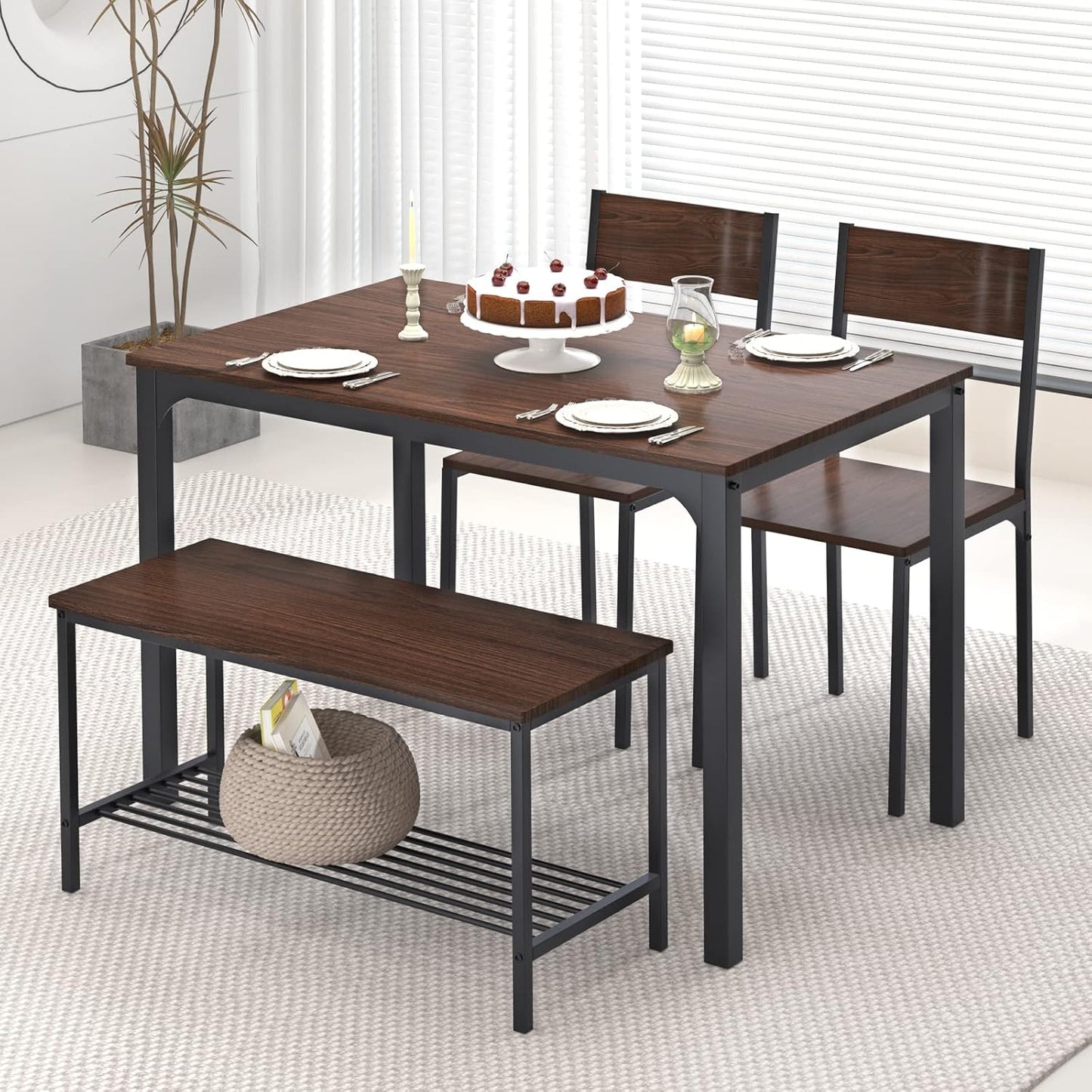 Dining Table and Chairs Dining Table Set with 2 Chairs and 1 Bench Bar Set Kitchen Table and Chairs for Dining Room Bistro Set，Pure White