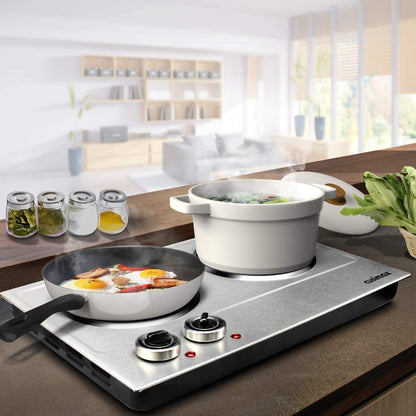 Hot Plate,1800W Ceramic Electric Hot Plate for Cooking, Dual Control Infrared Cooktop, Portable Countertop Burner, Glass Plate Electric Cooktop, Silver, Stainless Steel
