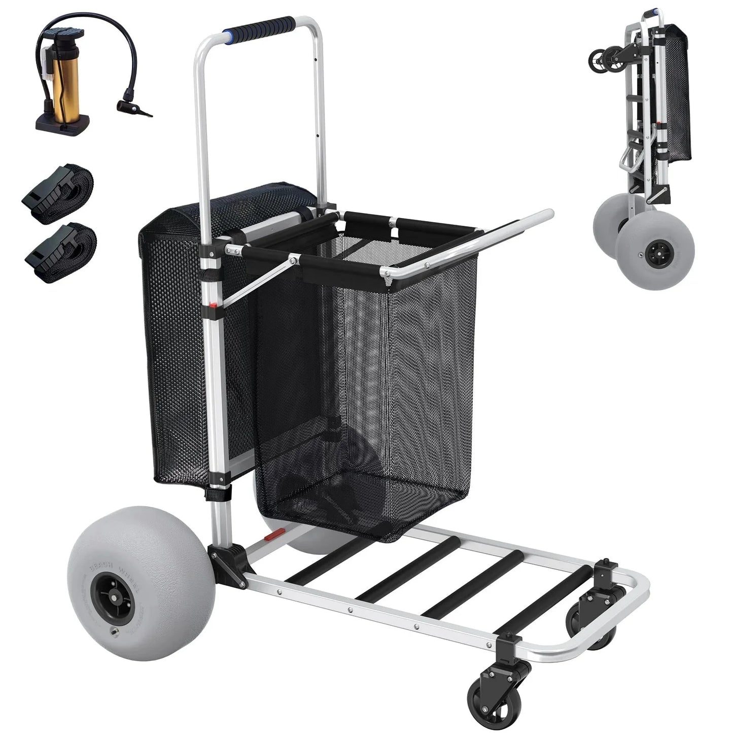Foldable Beach Cart with Adjustable Handle and 12" Balloon Wheels, Heavy Duty Aluminum 220LBS Capacity