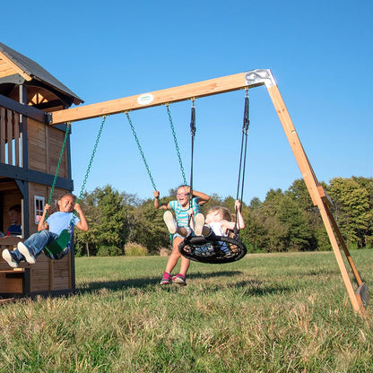 Gorge Creek Pure Pine Swing Set, Playhouse with Barbecue Grill, Plastic Utensils, Picnic Area, Steering Wheel, Double-Padded Swing, Rock Climbing Wall, Balcony, Terrace, Mesh Swing (Green Slide)