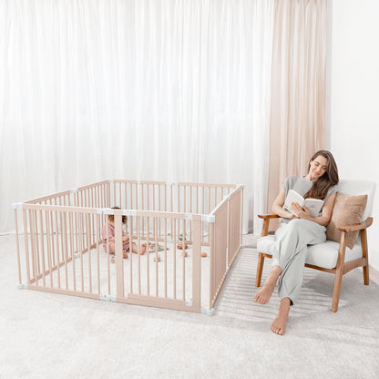 Baby Playpen & Gate - 144 x 144 x 63 cm, Extends Up to 579 cm - Pine Wood Foldable Playpen with Child-Proof Lock - Safe Play Fence Easy Assembly Baby Play Yard - Light Wood White