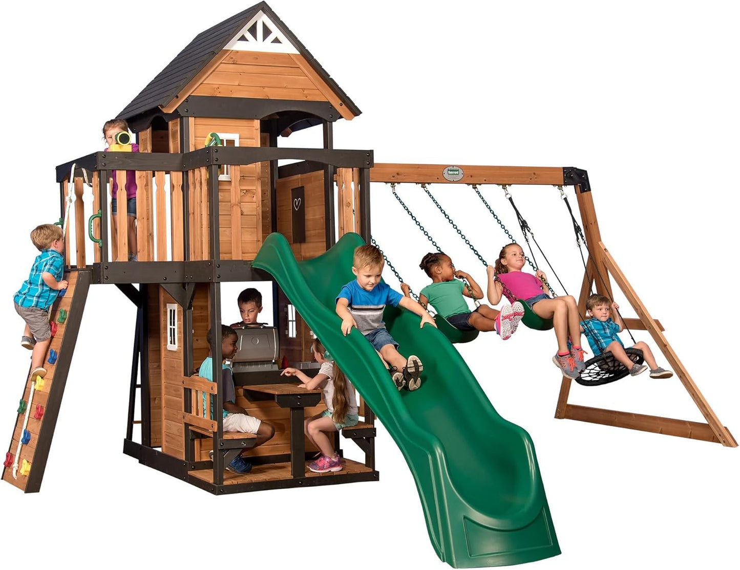 Gorge Creek Pure Pine Swing Set, Playhouse with Barbecue Grill, Plastic Utensils, Picnic Area, Steering Wheel, Double-Padded Swing, Rock Climbing Wall, Balcony, Terrace, Mesh Swing (Green Slide)