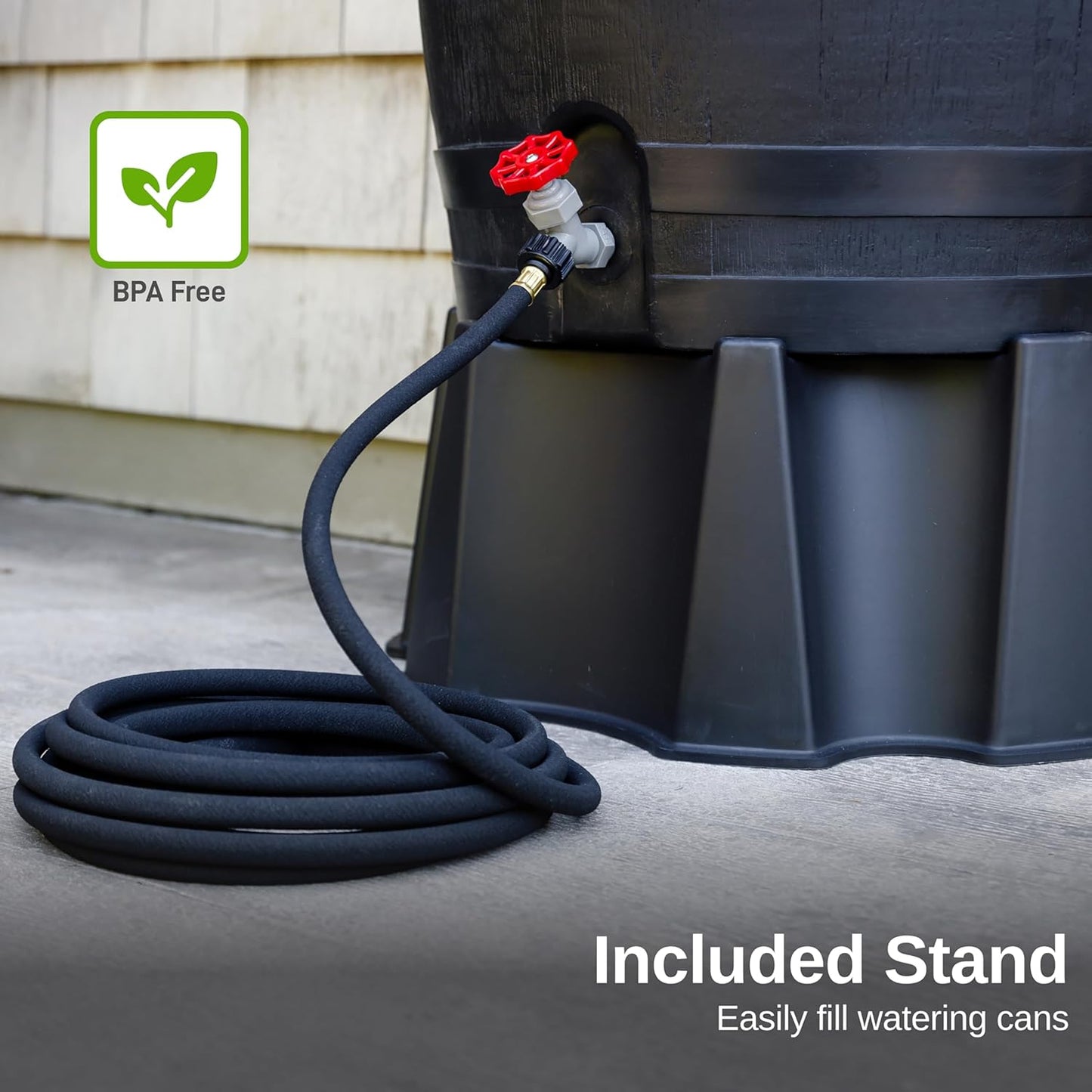 RTS Home Accents 50-Gallon ECO Rain Barrel Made with 100% Recycled Plastic, Flat Back Rain Water Collection Barrel, Black