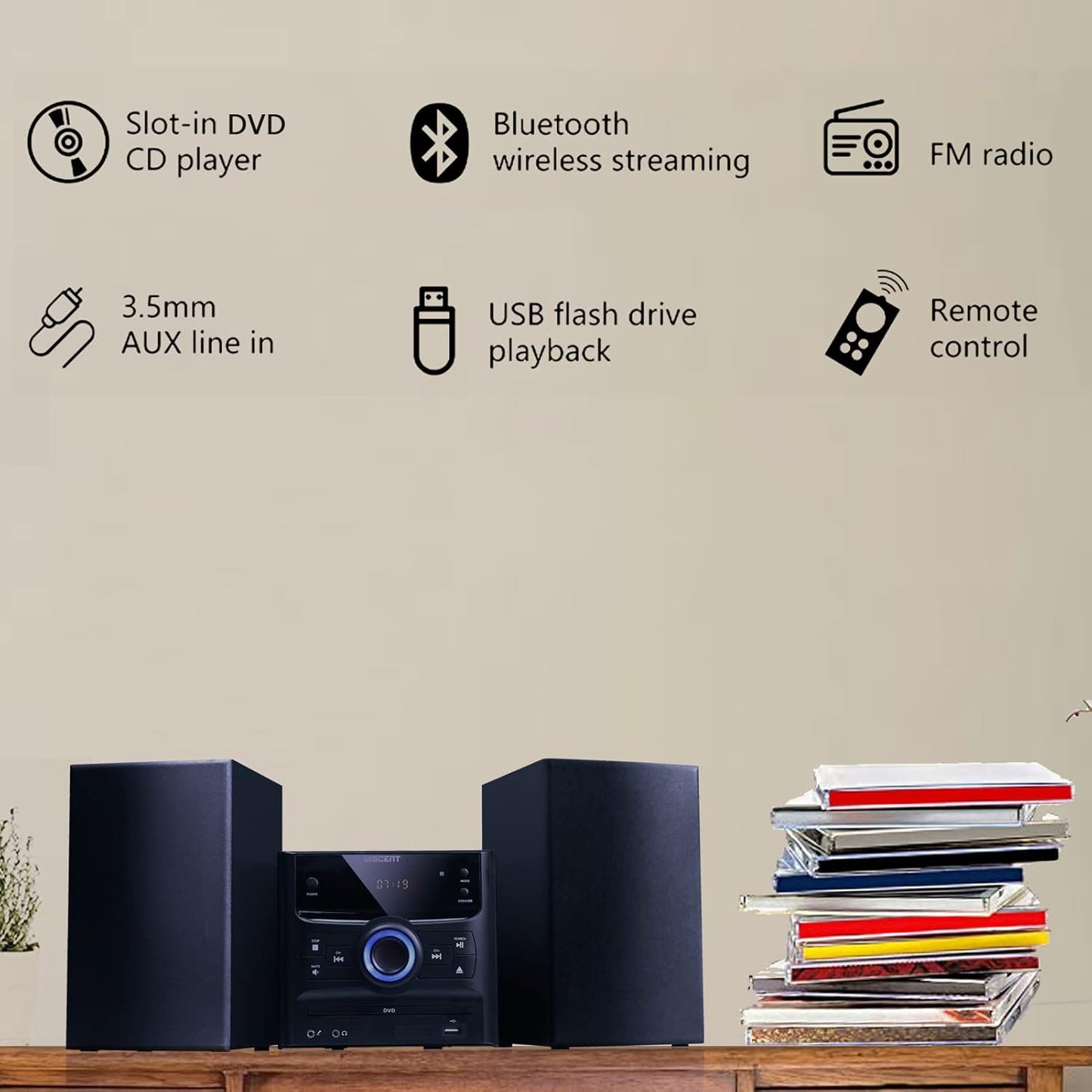 Bluetooth Stereo System, CD Player, Wireless Streaming, MP3, USB, Audio in, FM Radio, 30W, Micro Sound System