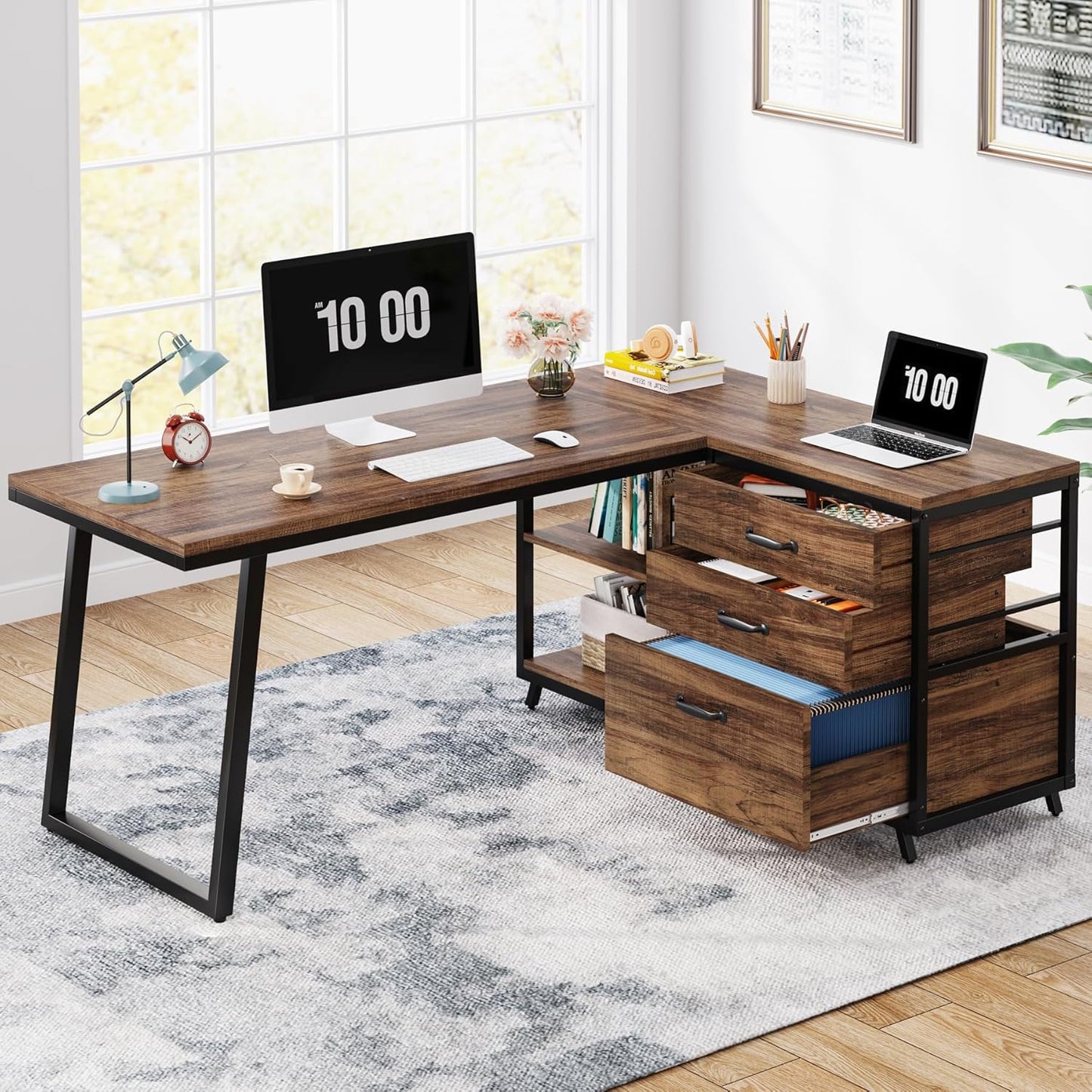 L-Shaped Computer Desk with 3 Drawers, Reversible Corner Home Office Desk with Shelves, 53-Inch Industrial PC Desk Study Writing Table Workstation for Small Space, Rustic Brown