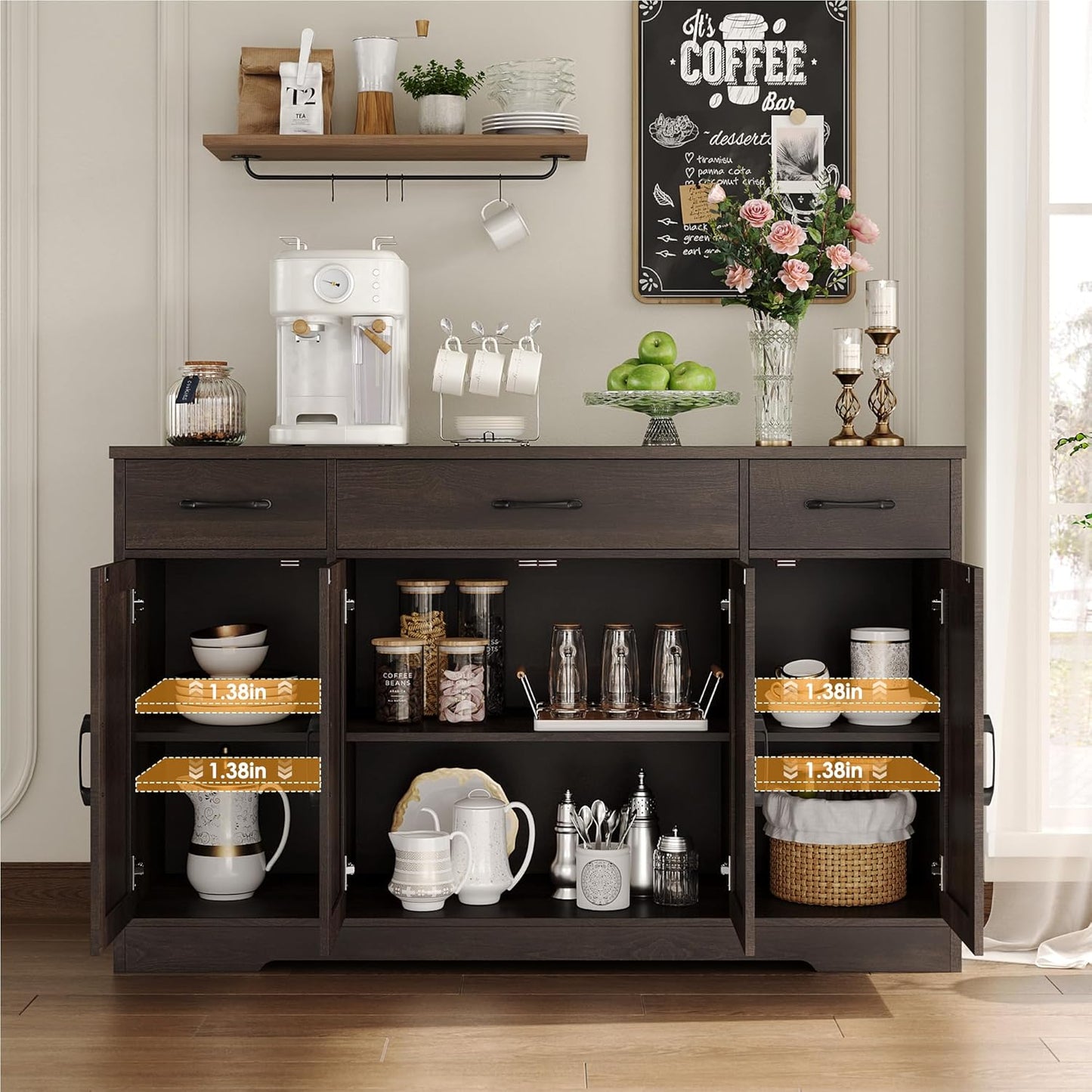 Drawer-equipped buffet-style cabinet, 55-inch large side cabinet-style storage unit with shelves and 4 doors, modern country-style coffee bar-style cabinet, wooden kitchen and dining room storage unit, white/rustic style
