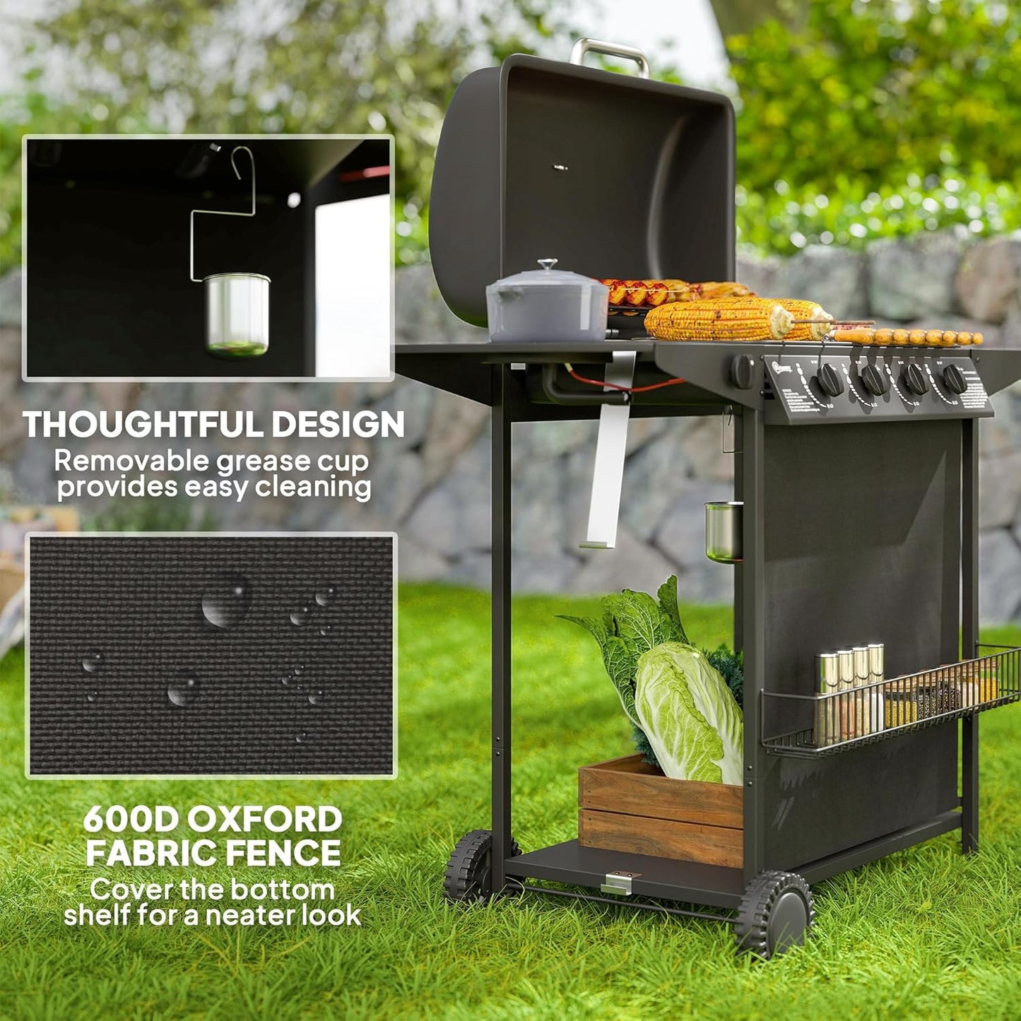 4+1 Burner Propane Gas BBQ Grill, Portable Gas Barbecue Grill with Side Burner, Thermometer, Lid, Side Table, Shelf, Spice Rack, Wheels, Grease Cup for Garden, Black