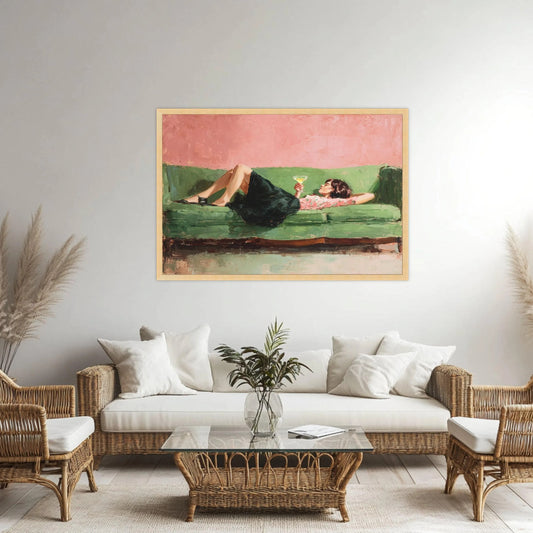 Relaxed Woman on Green Sofa Canvas,  Vintage Style Wall Art, Elegant Home Decor
