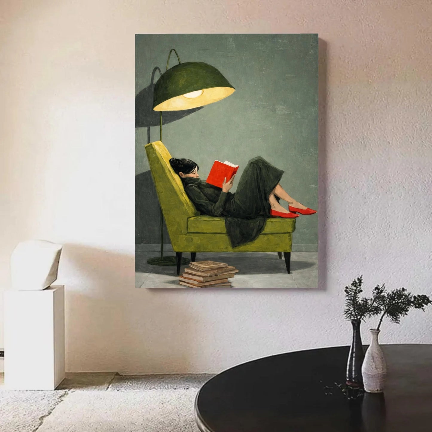 Cozy Reading Moment Canvas Wall Art, Woman on Green Chair